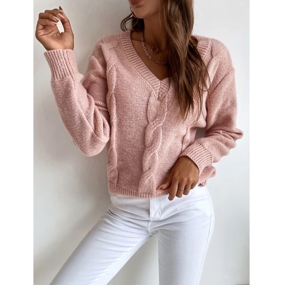 Pink Knit Braid Textured V-Neck Pullover Sweater - Picture 5 of 7